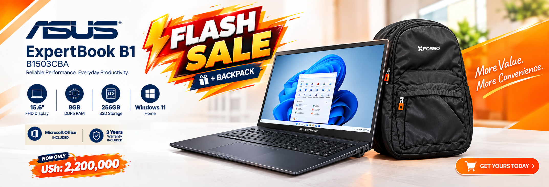 ASUS ExpertBook B1 B1503CBA: USh 2,200,000 with backpack, 15.6-inch FHD display, 8GB DDR5 RAM, 256GB SSD, Windows 11 Home, Microsoft Office and 3-year warranty included.